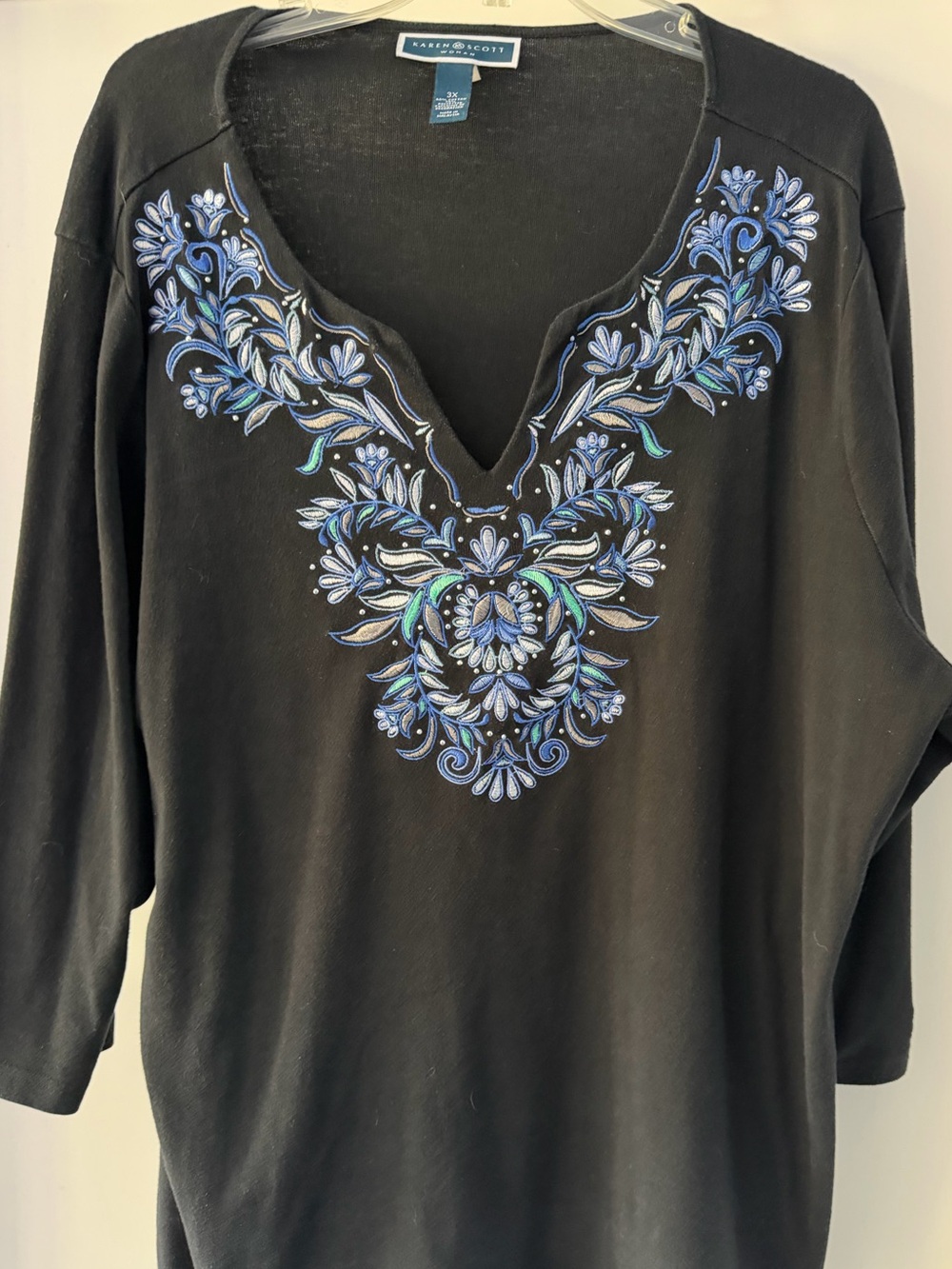 Karen Scott Black Tunic with Blue Floral Embroidery